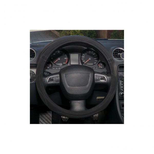 Funda de Volante Transpirable tipo Polipiel, con efecto Piel Girada en Negro, Universal para Volnates 37-39cm diametro